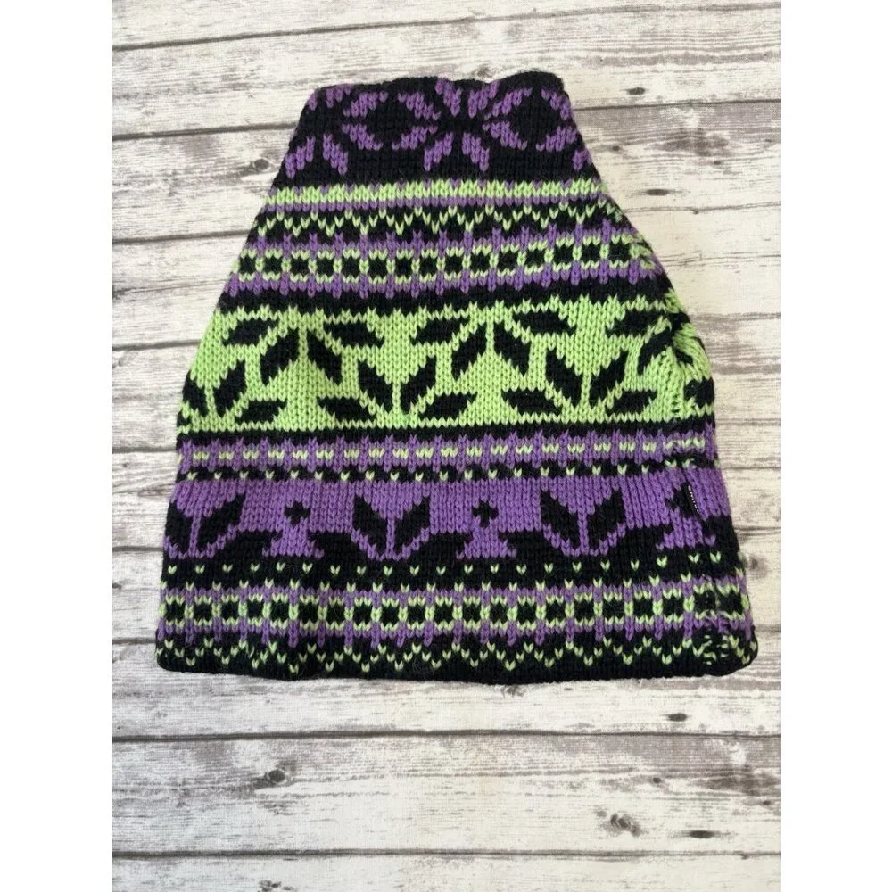Vintage‎ Smiley Wool Knit  Hat Made in USA Geo Geometric Print Green Purple